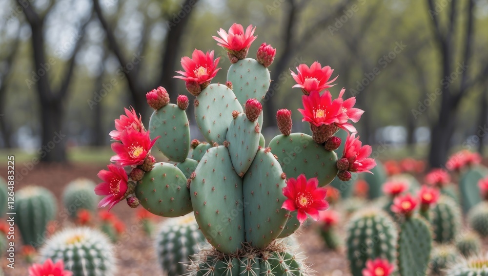 Poster vibrant prickly pear cactus with bright red flowers in a botanical garden setting with blurred green