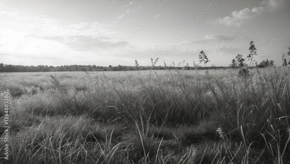 Poster black and white landscape of an open field with tall grass and distant trees under a cloudy sky copy