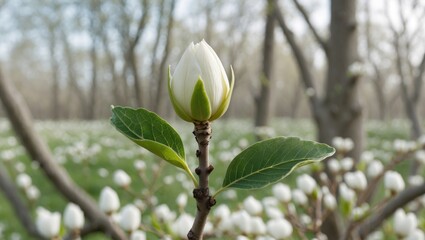 White magnolia bud with green leaves against a blurred background of flowering magnolias in a sunny spring landscape Copy Space