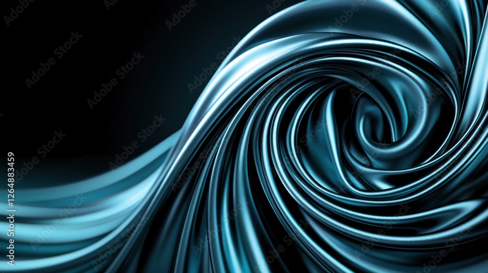 Poster shimmering blue satin fabric flowing in elegant curves and twists against a dark background