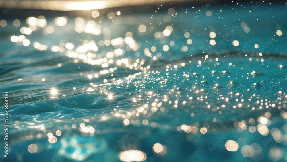 Poster abstract close-up of sparkling water surface with light reflections and bokeh effect in a swimming p