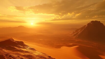 glowing desert panorama, majestic sand dunes, brilliant sunset rays, atmospheric evening scene, peaceful arid landscape, warm golden light, dramatic sky composition, tranquil desert setting, natural