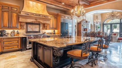 A luxurious kitchen with marble countertops, a large island with bar stools, and high-end appliances. A chandelier hangs above the dining area, and a spacious pantry is seen in the background