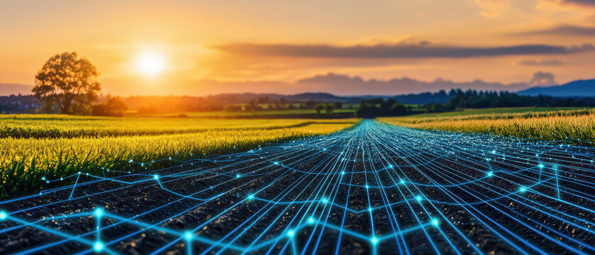 A vibrant sunset over a lush field, with glowing digital lines representing connectivity and technology intersecting the landscape.
