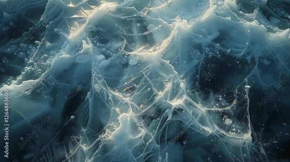 Fototapete Light filters through layers of ice and water, showcasing incredible textures and patterns in a tranquil winter landscape illuminated by the soft glow of morning sunlight.