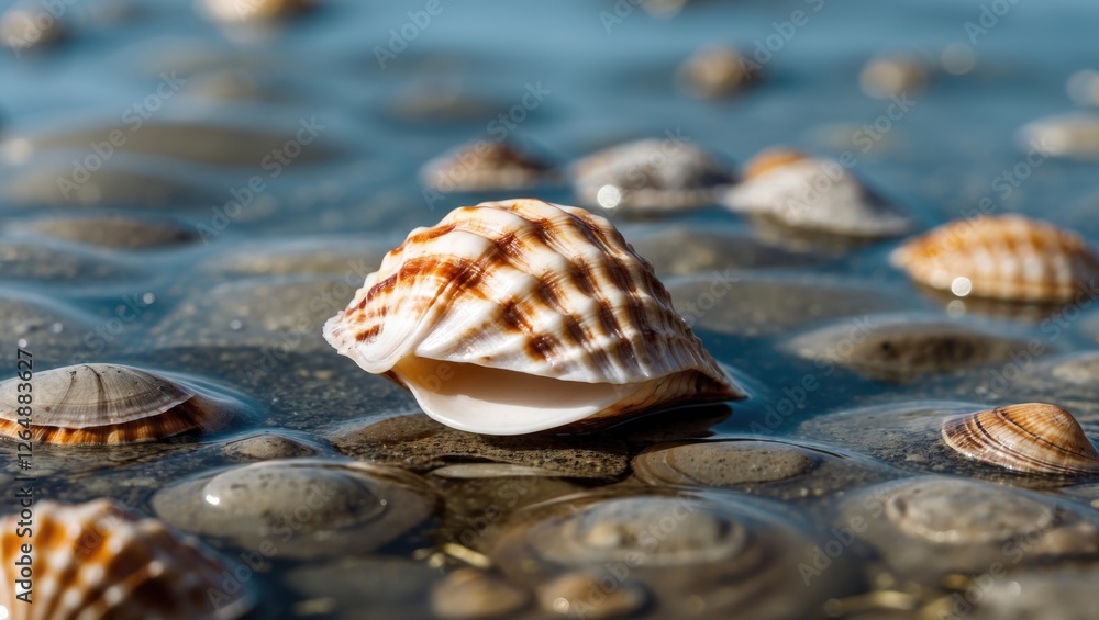 Poster close-up of a striped seashell resting on wet sand among smaller shells with reflections in shallow 