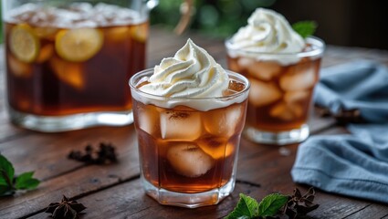 Iced tea with whipped cream served in glasses on rustic wooden table with mint leaves and spices in background Copy Space