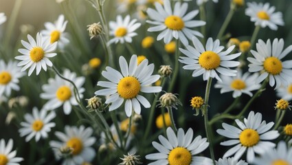 Obraz premium Field of white daisies with yellow centers in natural setting with blurred background and natural light