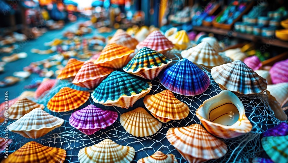 Poster colorful seashells displayed in a market setting with a fishnet in the foreground and soft focus bac