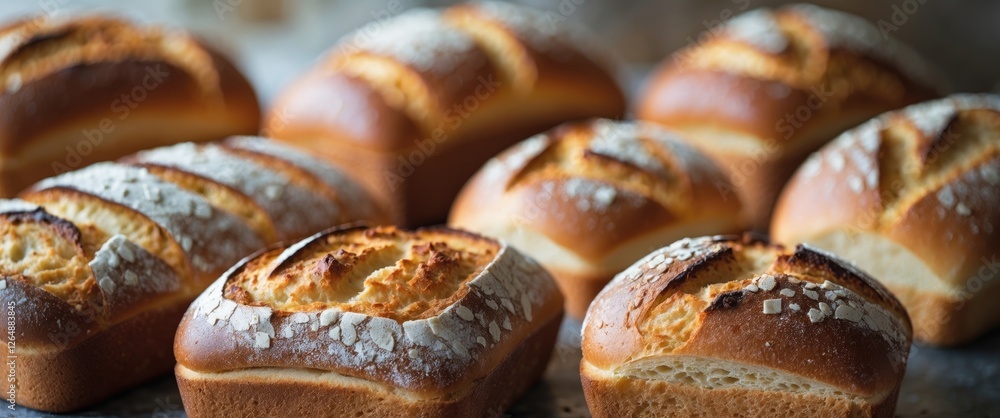 Poster freshly baked loaves of bread arranged on rustic backdrop with visible crust and texture copy space