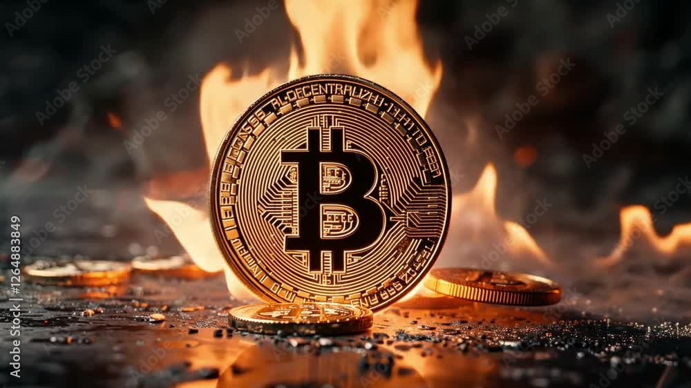 Poster bitcoin surrounded by flames in a dynamic visual display showcasing cryptocurrency's intensity and a