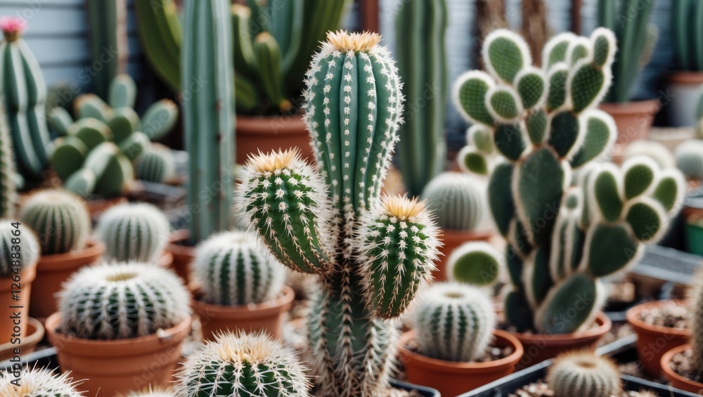 Poster cacti assortment in pots with various shapes and sizes in greenhouse setting showcasing vibrant gree