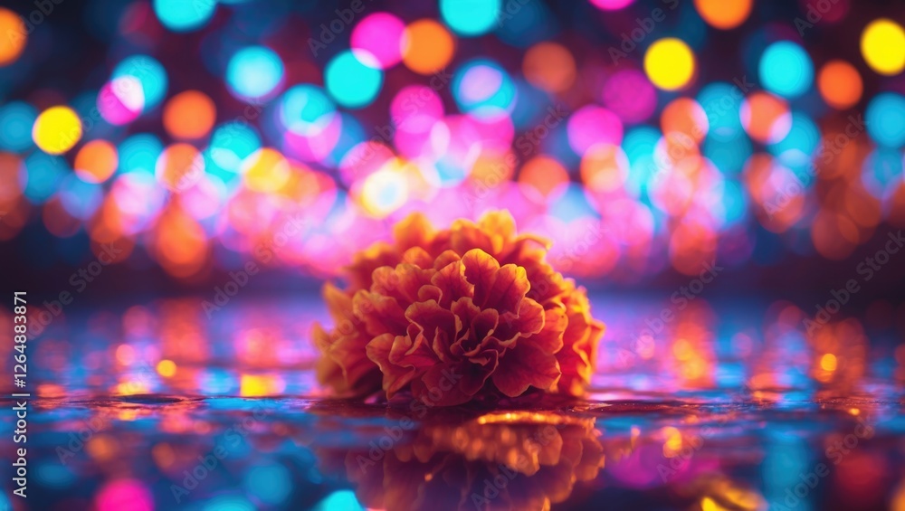 Poster bright marigold flower on reflective surface with colorful bokeh lights in background creating a vib