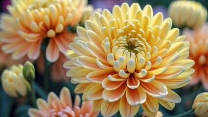 Vibrant orange and yellow chrysanthemums in full bloom with lush green foliage and soft focus background providing Copy Space for text.