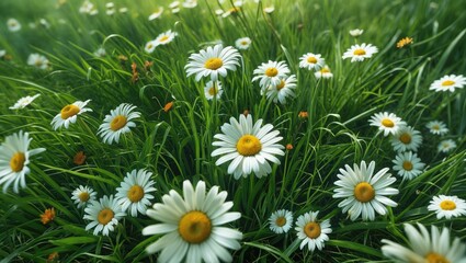 Vibrant field of white daisies among lush green grass with selective focus and natural sunlight Copy Space