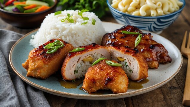 Grilled chicken breast with rice and macaronis served on a plate with fresh vegetables on a wooden table Copy Space