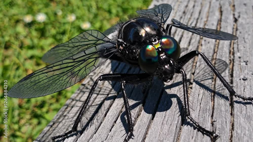 Aufkleber close up of a captivating black insect resting on weathered wood in a grassy field during daylight h