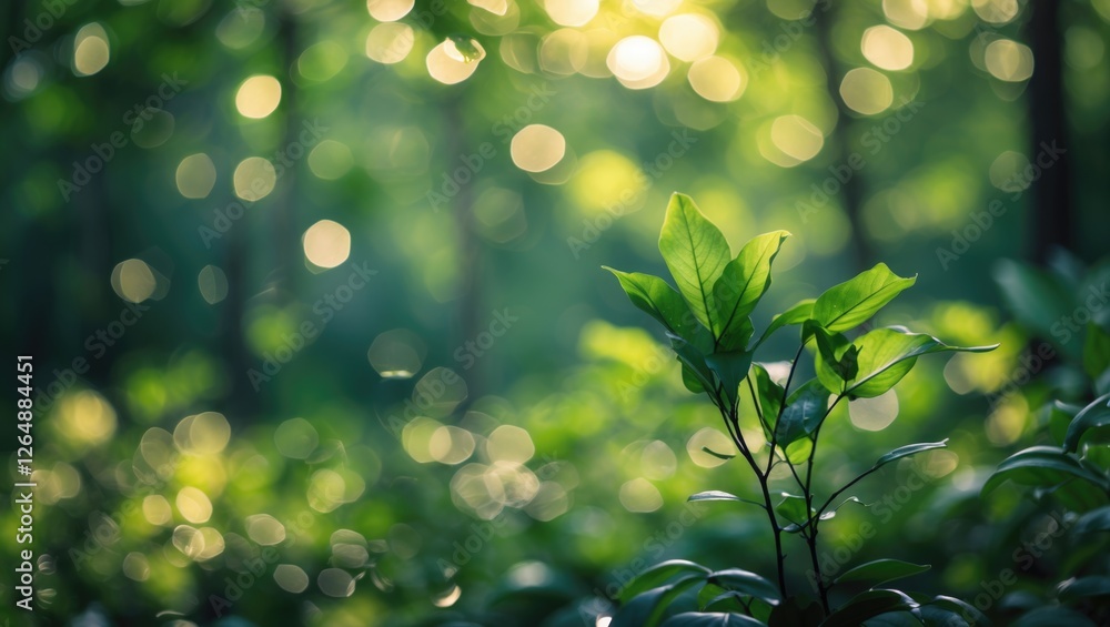 Aufkleber close-up of green leaves with blurred bokeh sunlight in a forest scene natural background with copy 