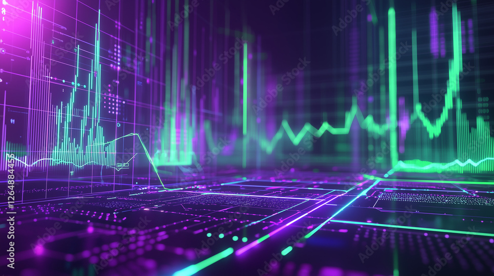 Aufkleber neon green and purple lines form abstract charts and graphs on a digital circuit board background. d