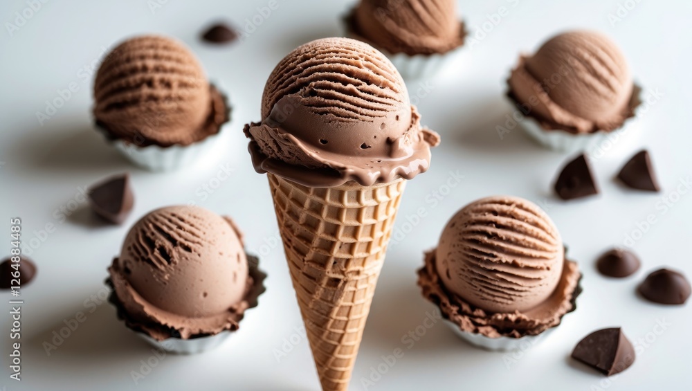 Poster chocolate ice cream in a cone with scoops and chocolate pieces on a white background with copy space