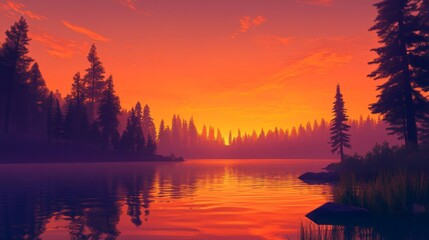 Fototapeta premium serene lake panorama at golden hour, tranquil water reflections, silhouetted pine forest shoreline, vibrant orange sky, wispy clouds, nature landscape photography, soft light, peaceful atmosphere,