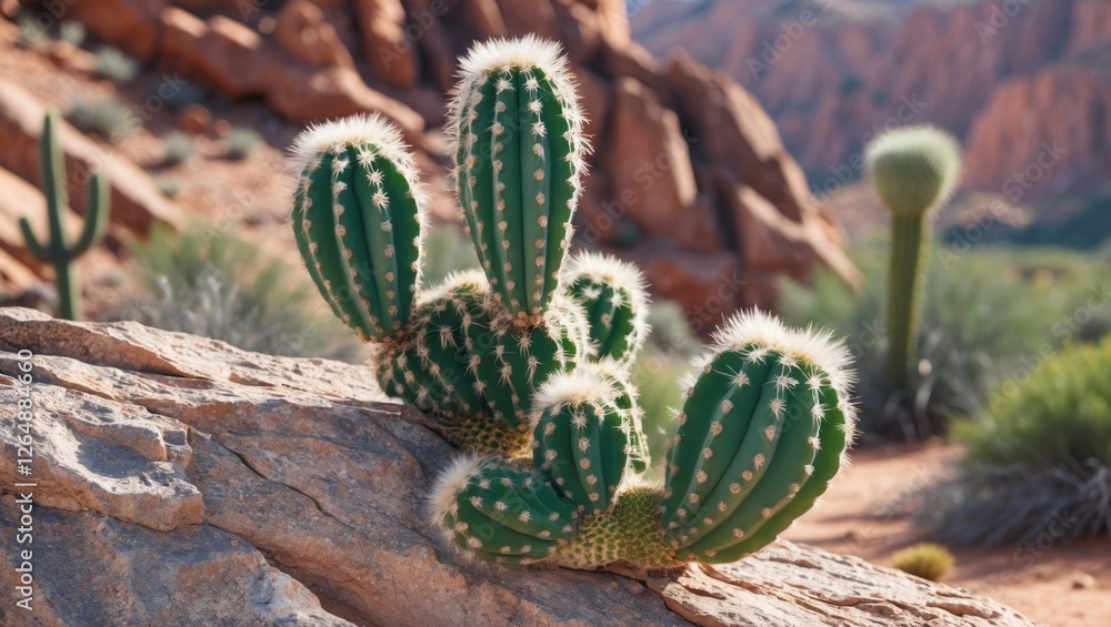 Poster cacti cluster on rocky terrain in a desert landscape with reddish formations in the background and s