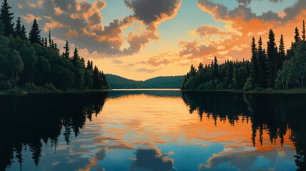 Fototapeta premium wilderness lake at dusk, dense forest silhouettes, glowing orange horizon, scattered cirrus clouds, perfect water reflections, summer evening, Nordic landscape style, panoramic capture, pristine