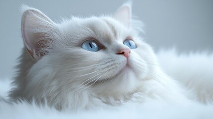 Close-up portrait of a fluffy white cat with blue eyes. Generative AI