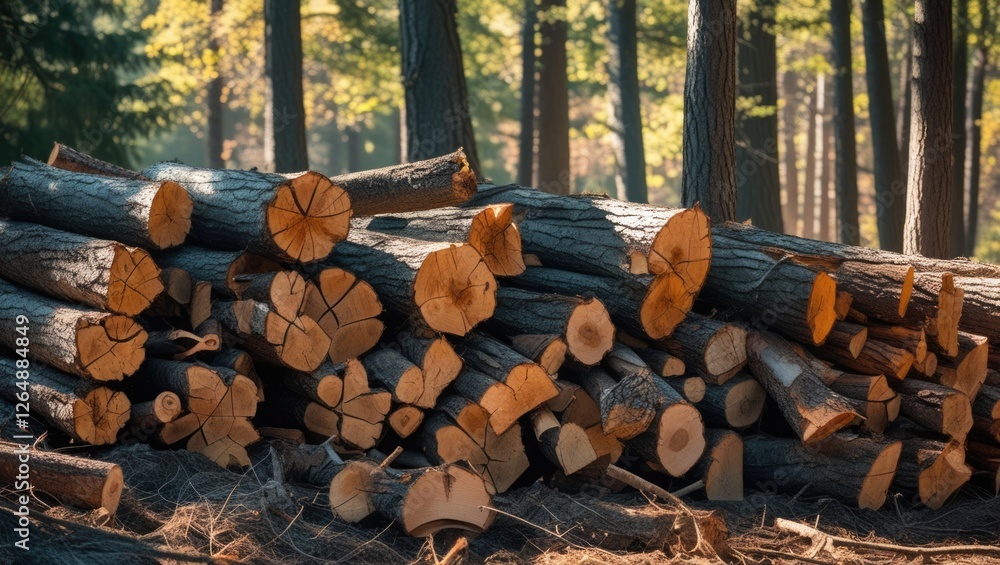 Poster stacked logs with cut ends showing growth rings in a forest setting with sunlight filtering through 