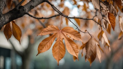 Autumn leaves on a tree branch with a blurred background showcasing warm earthy tones and a single prominent leaf Copy Space