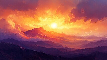 Fototapeta premium Vibrant orange and purple sky, golden sun setting behind mountains, soft gradient clouds, dramatic atmospheric lighting, sun rays piercing through clouds, golden hour landscape, painterly style,