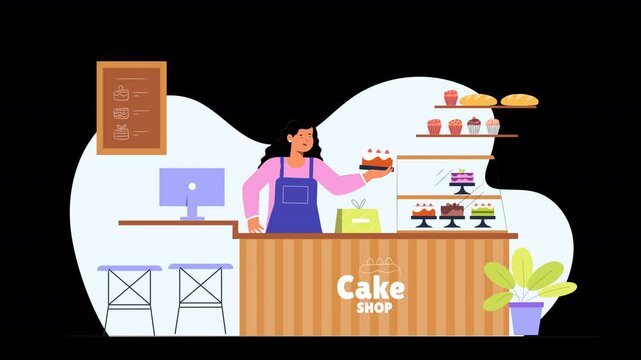 Flat vector animation focusing on the cake and bakery process in Bhopal, showing scenes of cake preparation, decorating, and showcasing a variety of baked goods in an inviting, local bakery shop.