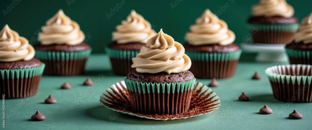 Poster chocolate cupcakes with caramel frosting arranged on green background with chocolate chips and copy 