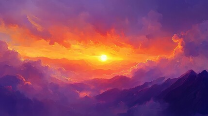 Obraz premium Vibrant orange and purple sky, golden sun setting behind mountains, soft gradient clouds, dramatic atmospheric lighting, sun rays piercing through clouds, golden hour landscape, painterly style,