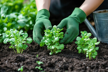 A gardener’s hands wearing eco-friendly fabric gloves while carefully planting young seedlings