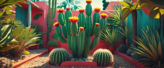 Vibrant desert garden with colorful flowering cacti and tropical plants in geometric layout surrounded by red pathways and sunny sky