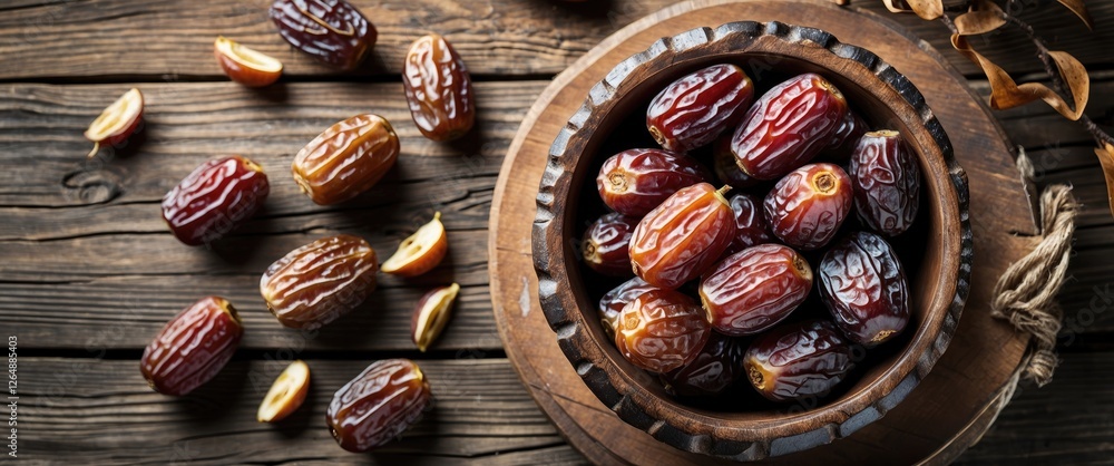 Poster fresh dates in a wooden bowl on a rustic wooden surface with copy space for text. various dates scat