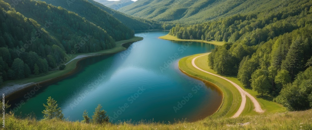 Poster scenic view of a winding river surrounded by lush green mountains and forests under a clear sky with