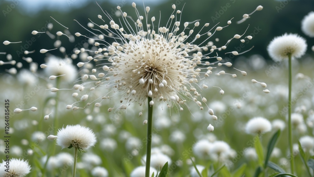 Poster white fluffy flower head in a green field with soft blurred background natural setting with copy spa