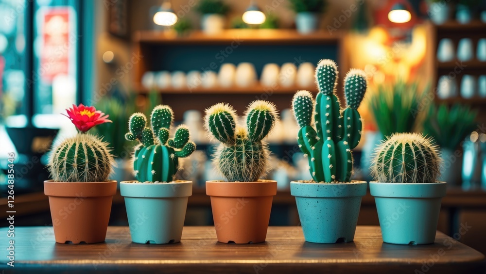 Poster assorted cacti displayed in colorful pots inside a cafe with blurred background and warm lighting co
