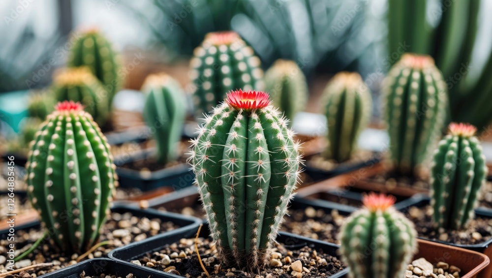 Poster colorful cactus plants in pots with red flowers in greenhouse setting with blurred background and vi