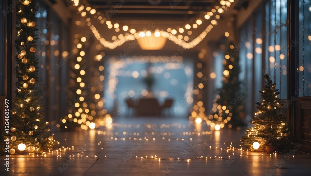 Poster festively decorated hallway with christmas trees and string lights creating a warm atmosphere with c