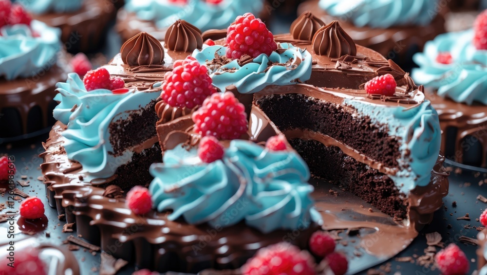 Aufkleber chocolate raspberry cake with blue frosting and fresh raspberries cut into slices on a dark backgrou