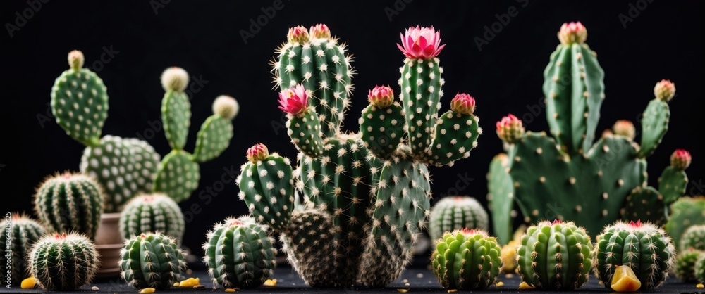Aufkleber various types of cacti with pink flowers arranged on a dark background with copy space for text