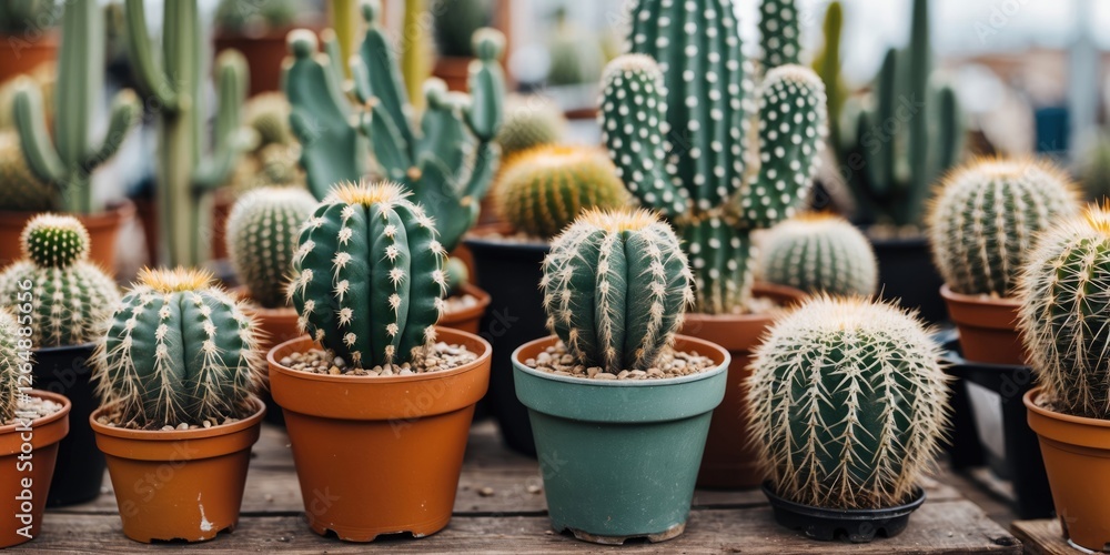 Poster cacti in various pots displayed on a wooden table in a greenhouse with blurred background and ample 