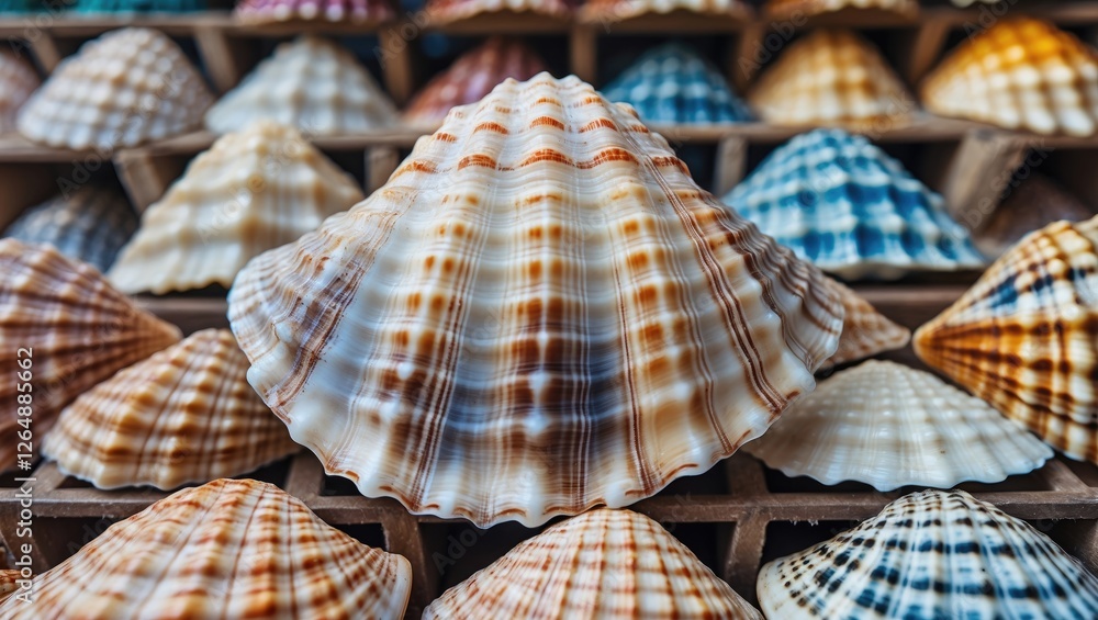Poster close-up of a colorful seashell surrounded by various other seashells displayed in a wooden box with