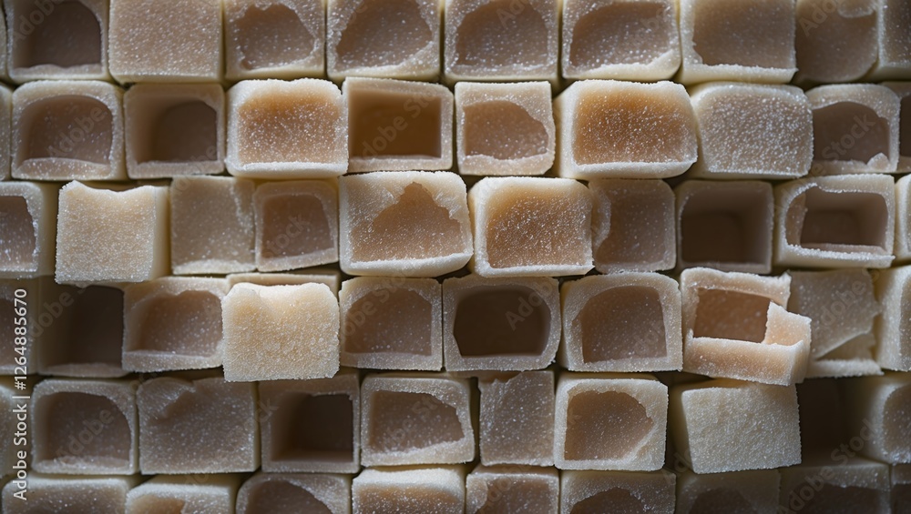 Poster cubes of beige caramelized sugar arranged in a grid pattern showing hollow centers and rough texture