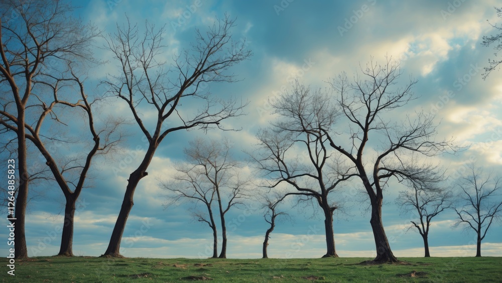 Poster bare deciduous trees silhouetted against a cloudy sky in an open field with green grass copy space