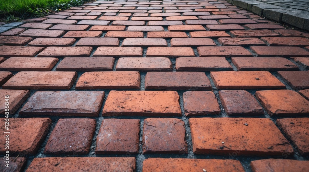 Poster brick pathway texture with irregular shapes in close-up view showing earthy tones and grey joints wi