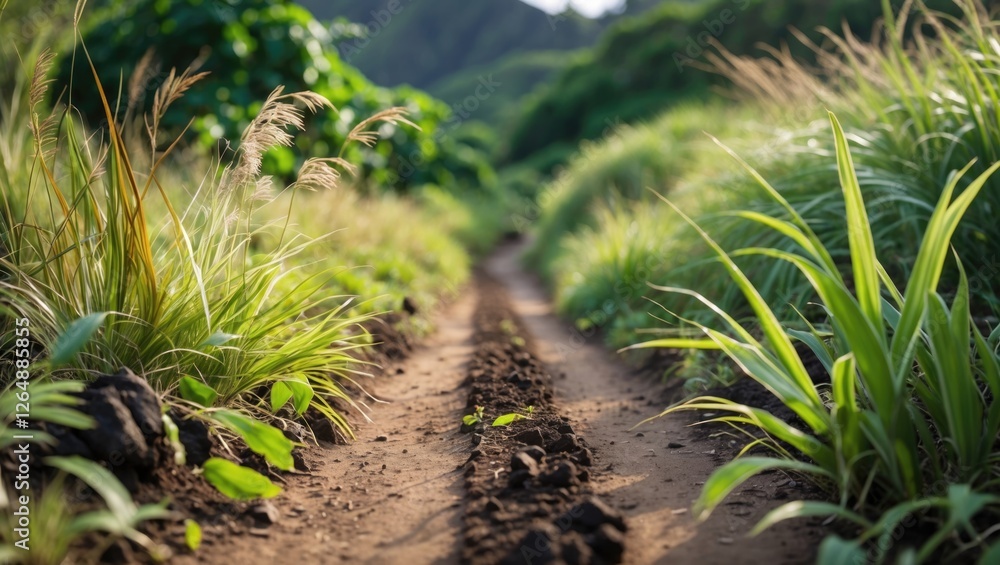Poster lush green path through dense grass and foliage in a natural landscape with soft lighting and blurre